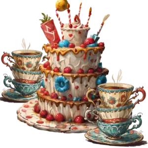 A three-tiered cake with cherries, candies, and frosting decorations, surrounded by three floral teacups on saucers.