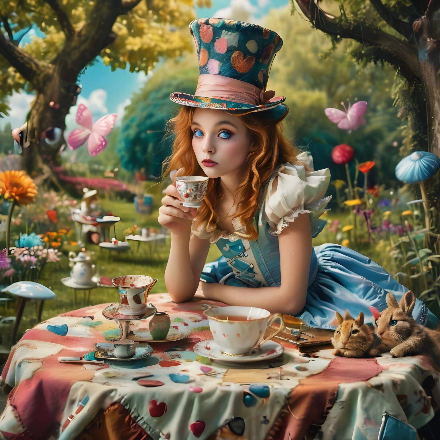 A young woman in a whimsical hat drinks tea at a colorful garden table, surrounded by butterflies, flowers, and two small rabbits.