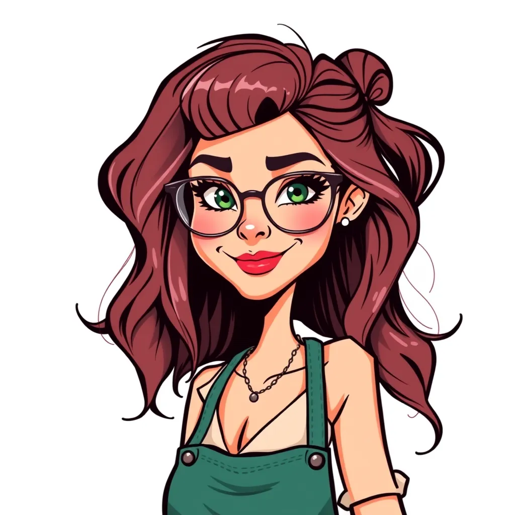 Cartoon woman with wavy auburn hair, wearing glasses and a green apron over a white top, smiling.