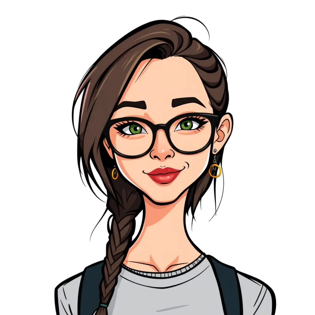 Illustration of a woman with brown hair in a braid, wearing glasses and hoop earrings.