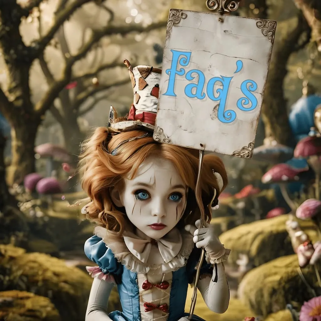 A doll-like character with blue eyes, dressed in a whimsical blue dress, holds a sign reading