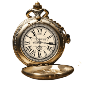 Open ornate pocket watch with Roman numerals and the phrase 