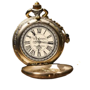 Open ornate pocket watch with Roman numerals and the phrase 