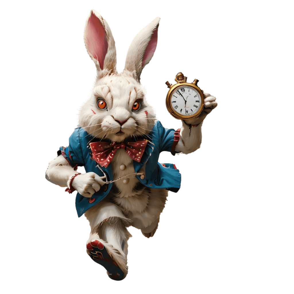 Anthropomorphic white rabbit in a blue coat holding a pocket watch, appearing to be running forward.