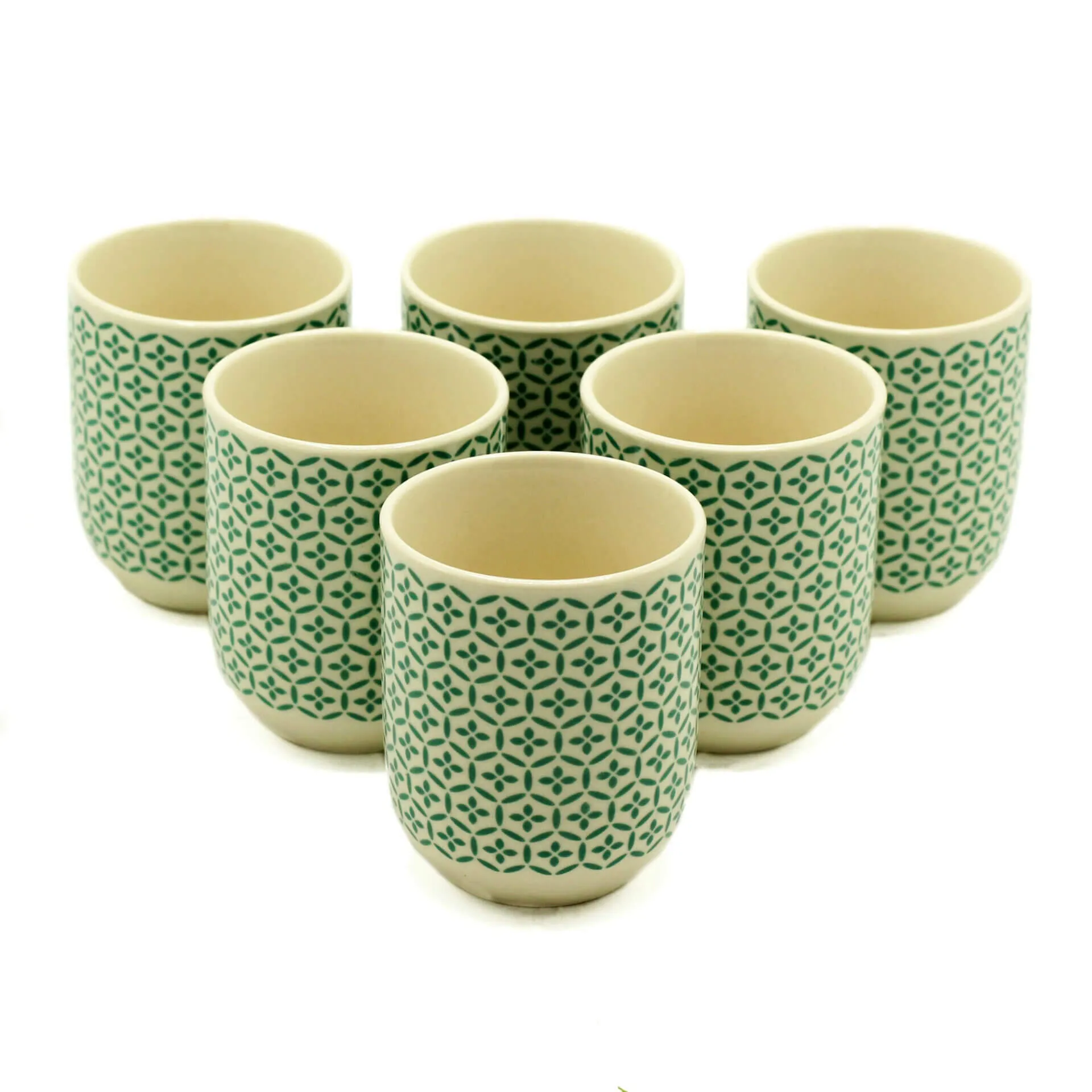 Six ceramic cups with a green geometric pattern are arranged in two rows on a white background.