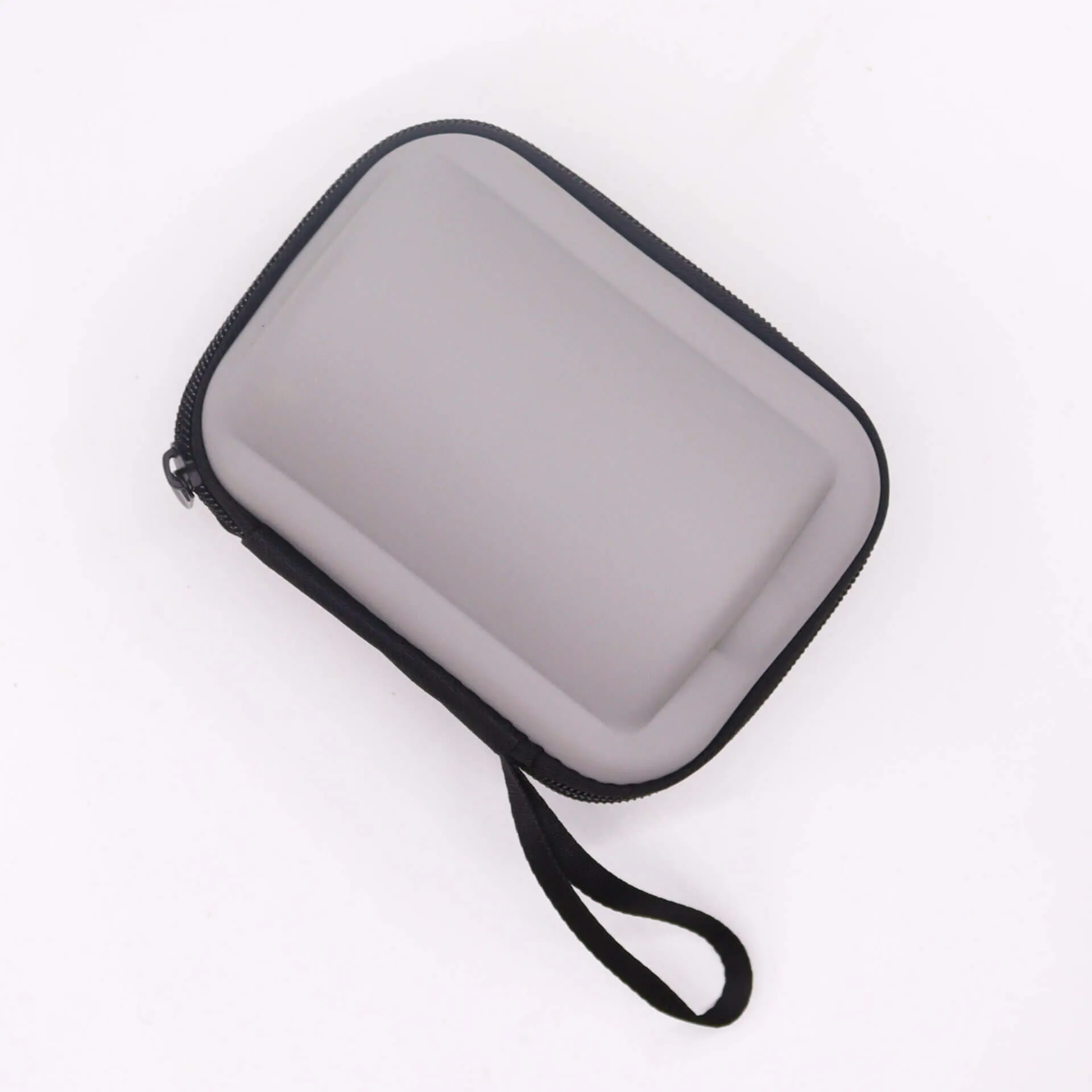 A small, rectangular, zippered carrying case with a wrist strap, shown on a white background.