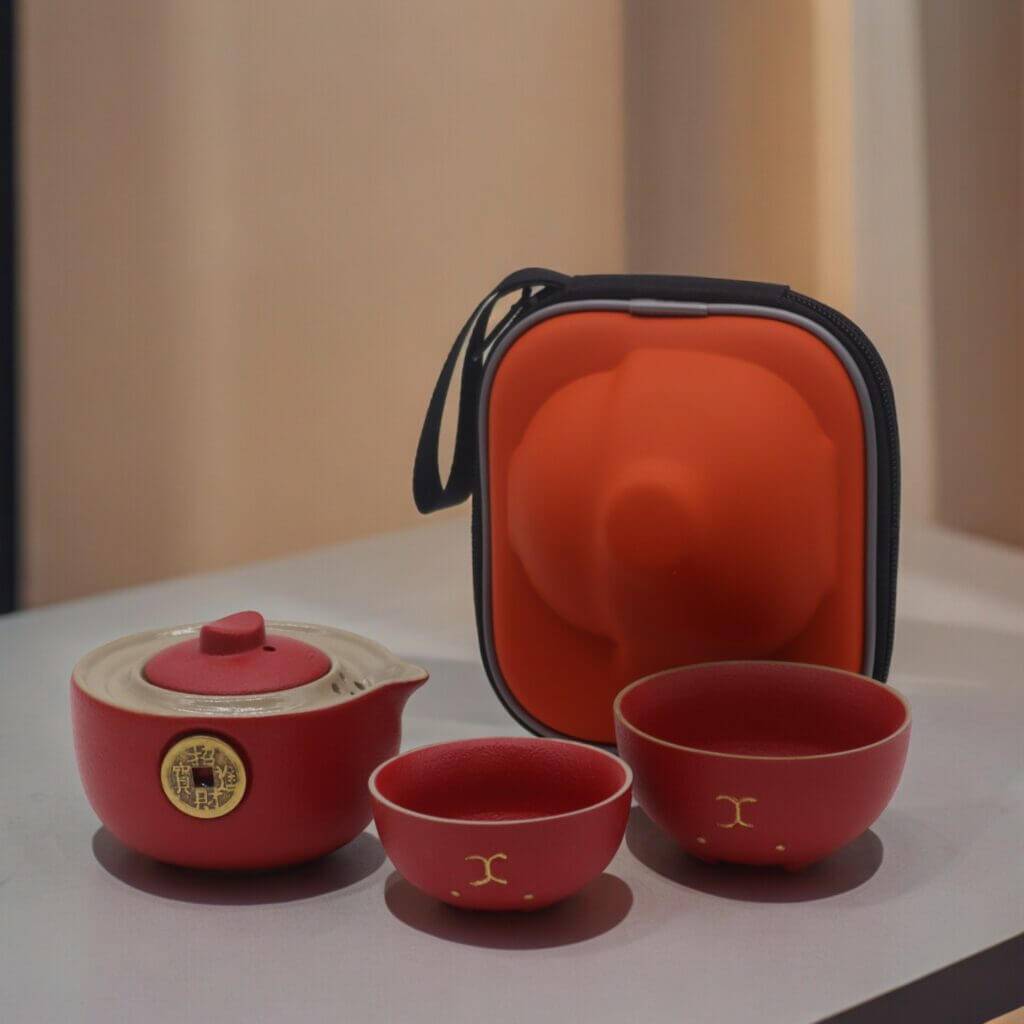 A red and beige teapot with two matching cups is displayed next to a red and black zippered carrying case on a light-colored surface.