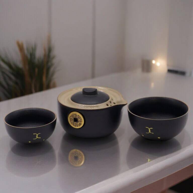 A black and beige ceramic teapot with a lid sits between two matching teacups on a reflective surface, with a plant in the background.