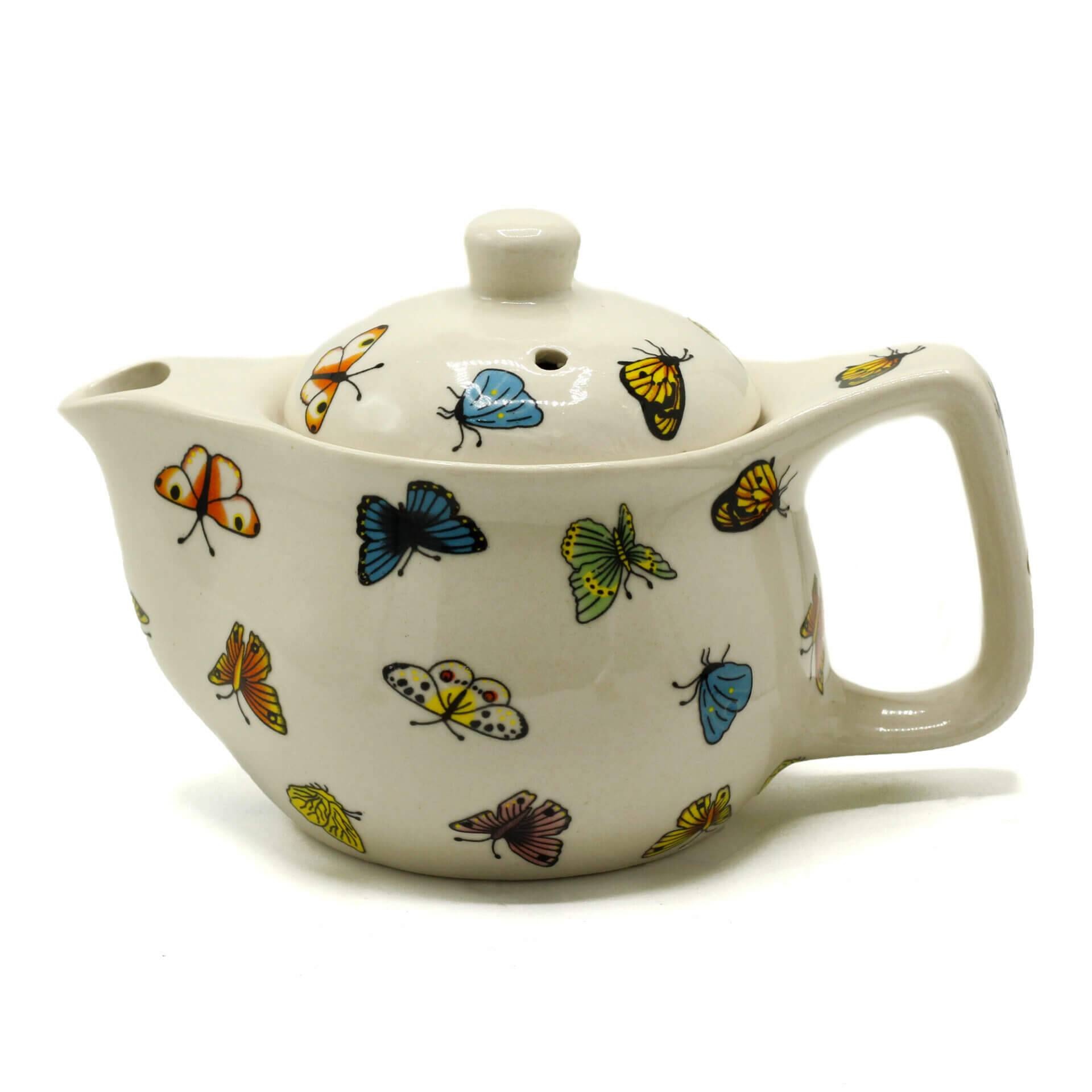 White ceramic teapot decorated with colorful butterfly illustrations on the body, lid, and handle.