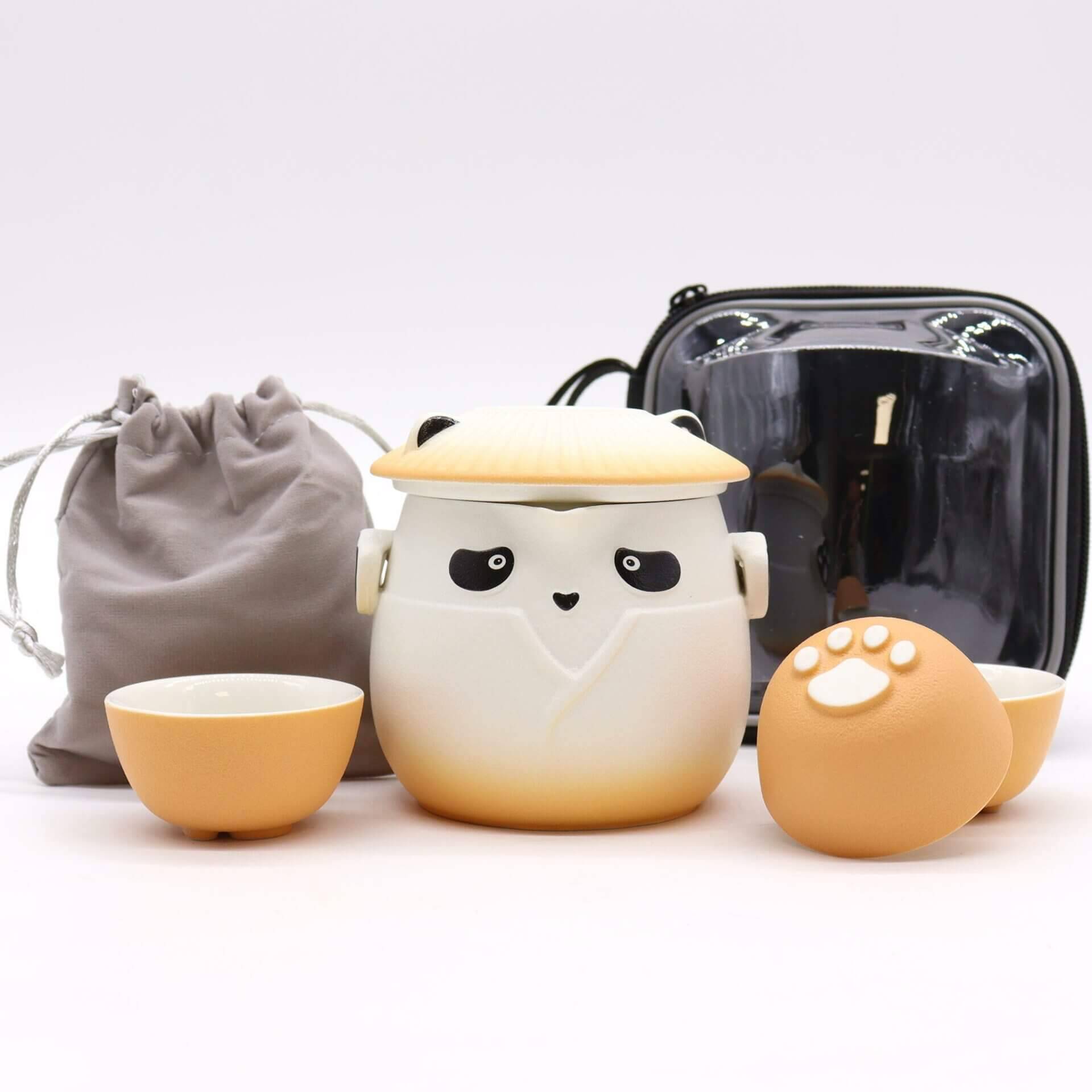 Panda Teapot Set & Three Cups – Orange
