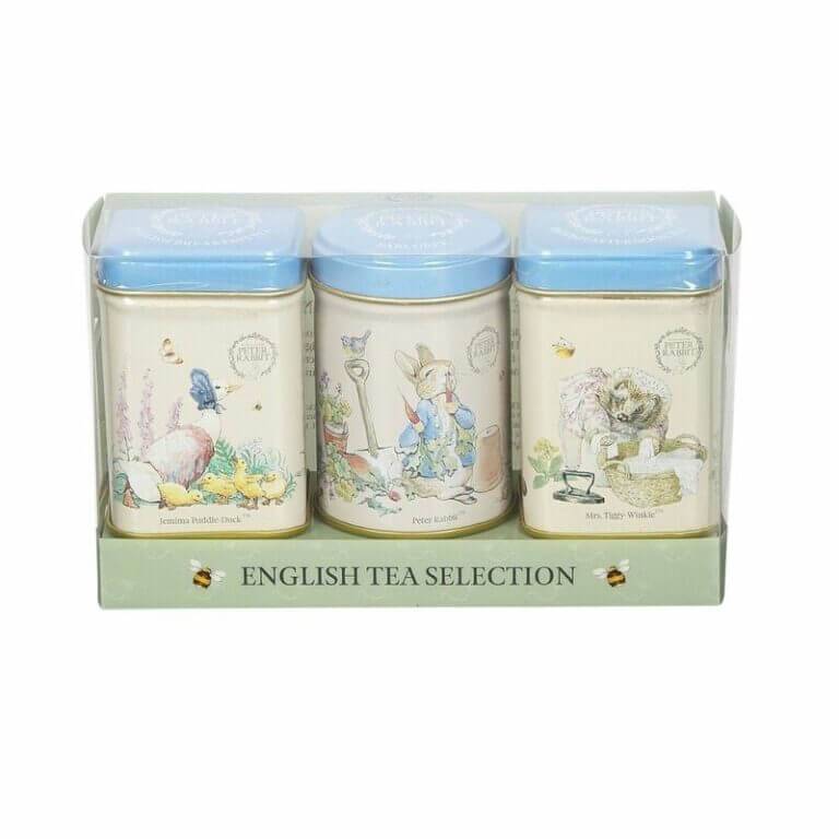 A charming English tea selection in Beatrix Potter's "Peter Rabbit" illustrations with the Beatrix Potter - Triple Mini Tin Gift Pack (2x 25g + 1x 20g loose tea).
