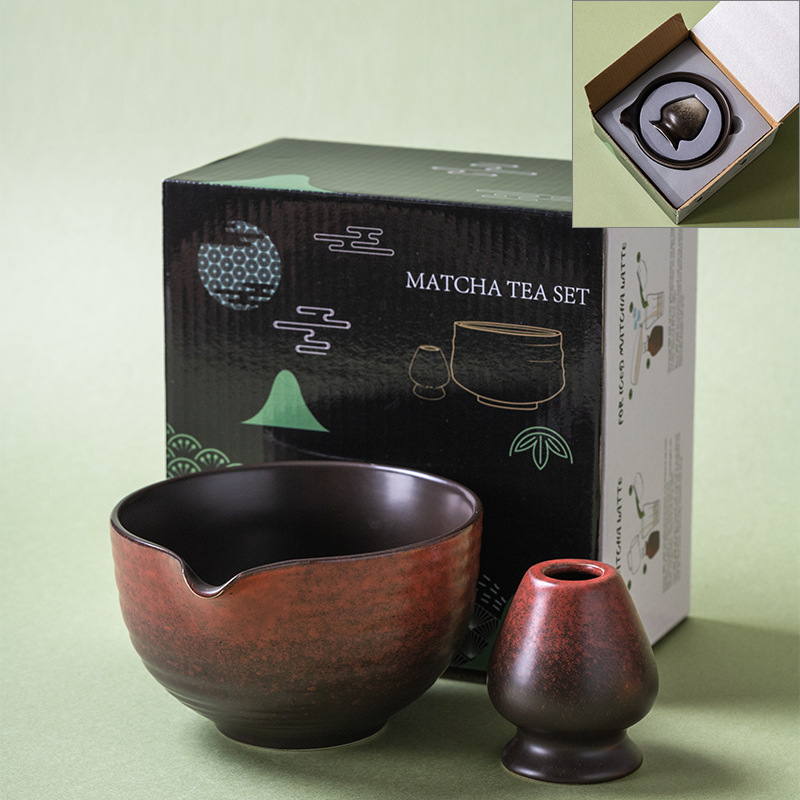 2-piece rust red kaki glaze matcha bowl and whisk holder set, iron-glazed stoneware chawan and chasen tate, premium gift box with foam insert.
