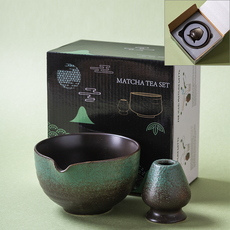 2-piece forest green copper-oxide matcha bowl and whisk holder set, Oribe-style stoneware chawan and chasen tate, premium gift box with foam insert.