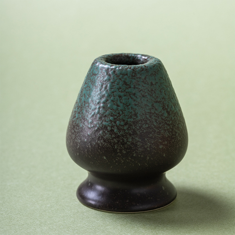 Ceramic chasen holder in forest green copper glaze for bamboo matcha whisk, Oribe-style stoneware, hand-finished
