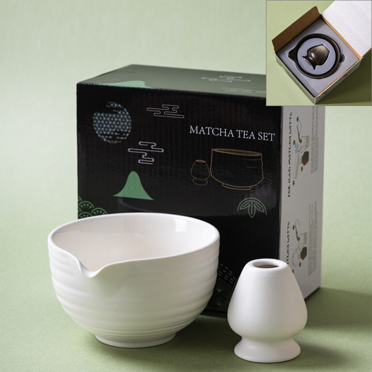 2-piece matte white matcha bowl and whisk holder set, wheel-thrown stoneware chawan and chasen tate, premium gift box with foam insert