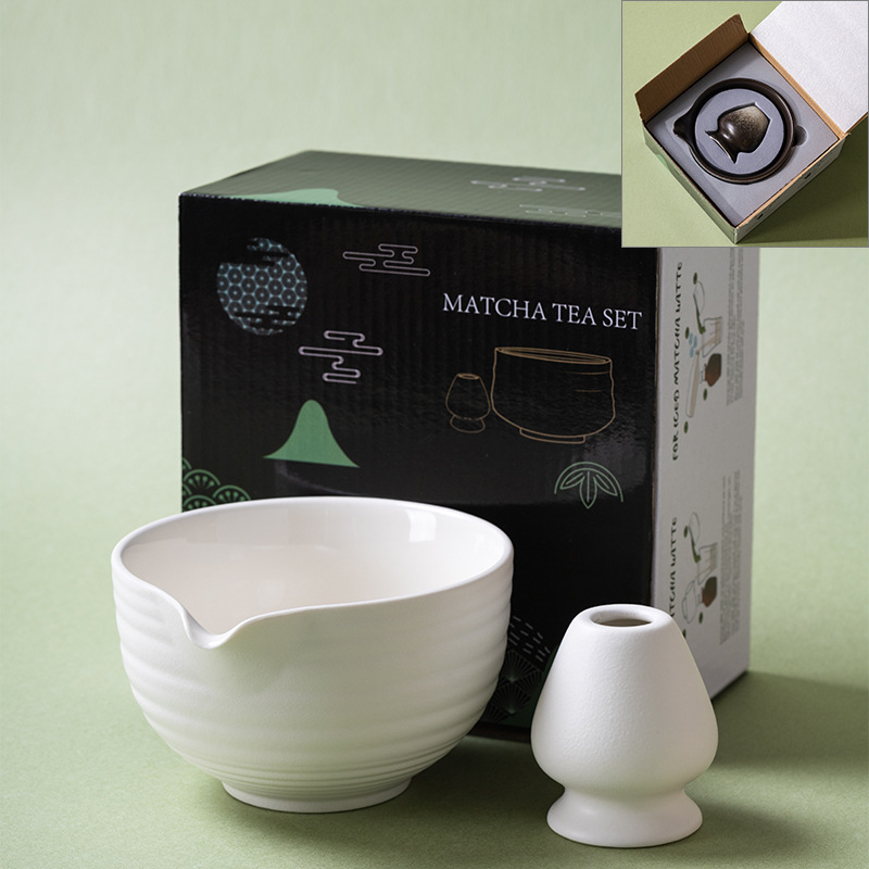 2-piece matte white matcha bowl and whisk holder set, wheel-thrown stoneware chawan and chasen tate, premium gift box with foam insert