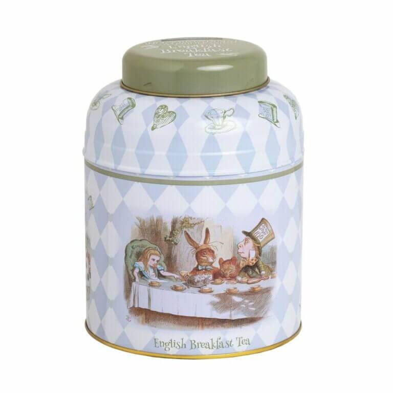 The "Alice In Wonderland - Classic - 80 Teabag Tin - English Breakfast" features a whimsical illustration with vintage-clad characters and a classic checkered background, reminiscent of an Alice in Wonderland tea party.
