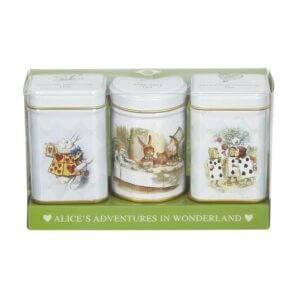 The Alice In Wonderland - Classic - Triple Mini Tin Gift Pack (2X 25G + 1X 20G Loose Tea) features three delightful tins with whimsical illustrations, perfect for storing loose tea. They come in an elegant green box labeled "Alice's Adventures in Wonderland.