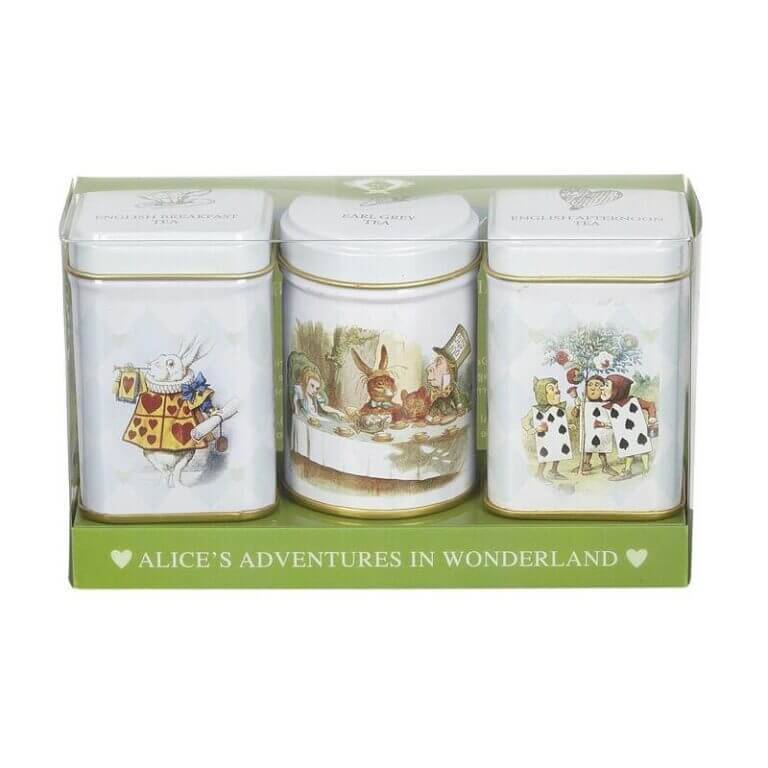 The Alice In Wonderland - Classic - Triple Mini Tin Gift Pack (2X 25G + 1X 20G Loose Tea) features three delightful tins with whimsical illustrations, perfect for storing loose tea. They come in an elegant green box labeled "Alice's Adventures in Wonderland.