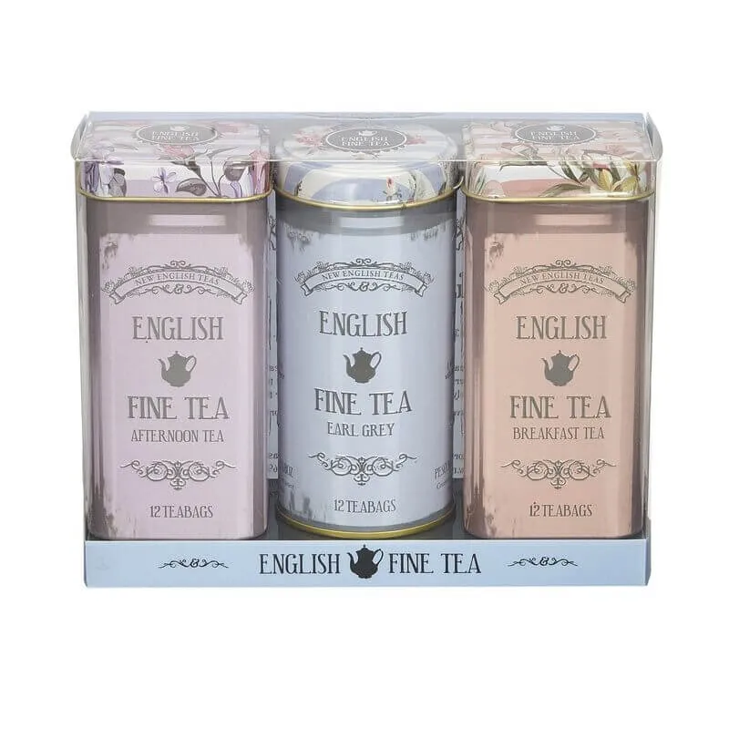 The Vintage Floral - Triple Tin Gift Pack contains three English Fine Tea tins labeled Afternoon Tea, Earl Grey, and Breakfast Tea, each with 12 teabags. Perfect for tea lovers!.