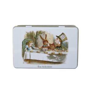 A rectangular tin features a classic illustration of Alice, the March Hare, and the Hatter at their whimsical tea party. With the text "Tea Selection," it invites you to explore an enchanting world of flavors inspired by Alice in Wonderland. Product: Alice In Wonderland - Classic - 100 Teabag Tin - Tea Selection.