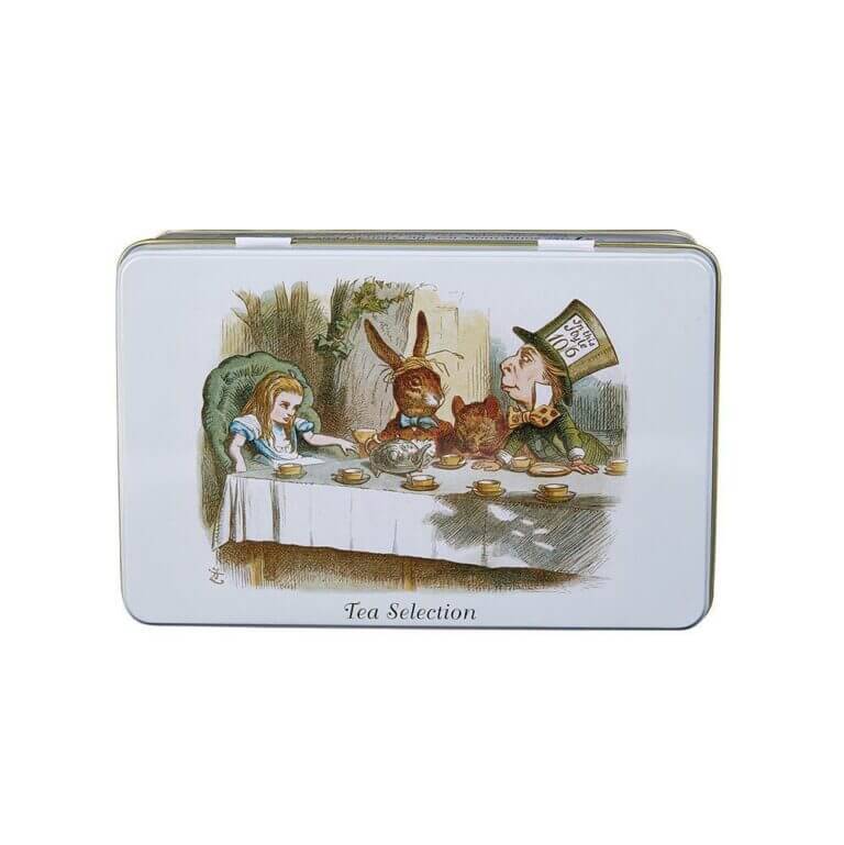A rectangular tin features a classic illustration of Alice, the March Hare, and the Hatter at their whimsical tea party. With the text "Tea Selection," it invites you to explore an enchanting world of flavors inspired by Alice in Wonderland. Product: Alice In Wonderland - Classic - 100 Teabag Tin - Tea Selection.