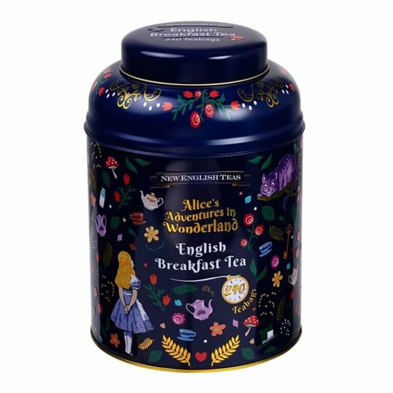 The "Alice In Wonderland - Modern (Blue) - 240 Teabag Tin" by New English Teas features a decorative design and houses classic English Breakfast Tea.
