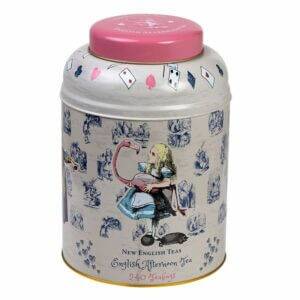 The Alice in Wonderland decorative teabag tin, labeled "Alice In Wonderland - Traditional (Pink) - 240 Teabag Tin - English Breakfast," features a charming pink lid, ideal for storing your favorite teas.