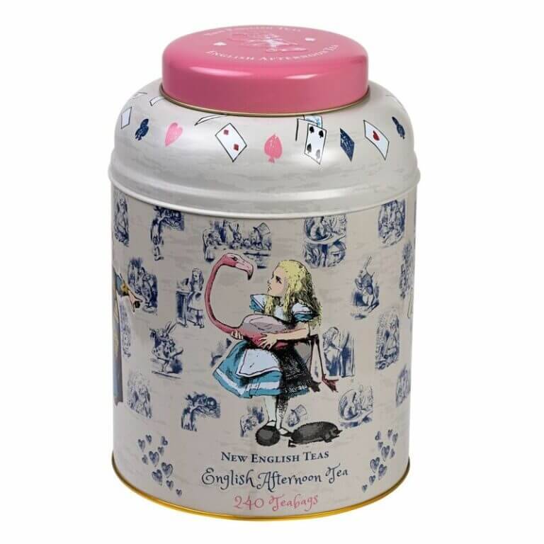 The Alice in Wonderland decorative teabag tin, labeled "Alice In Wonderland - Traditional (Pink) - 240 Teabag Tin - English Breakfast," features a charming pink lid, ideal for storing your favorite teas.