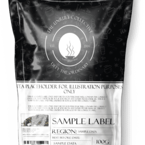 Explore our Almond Cherry Rooibos Tea packaging with decorative icons and sections for region, best before date, and weight (100g). Enjoy a unique twist with a hint of cherry flavor.