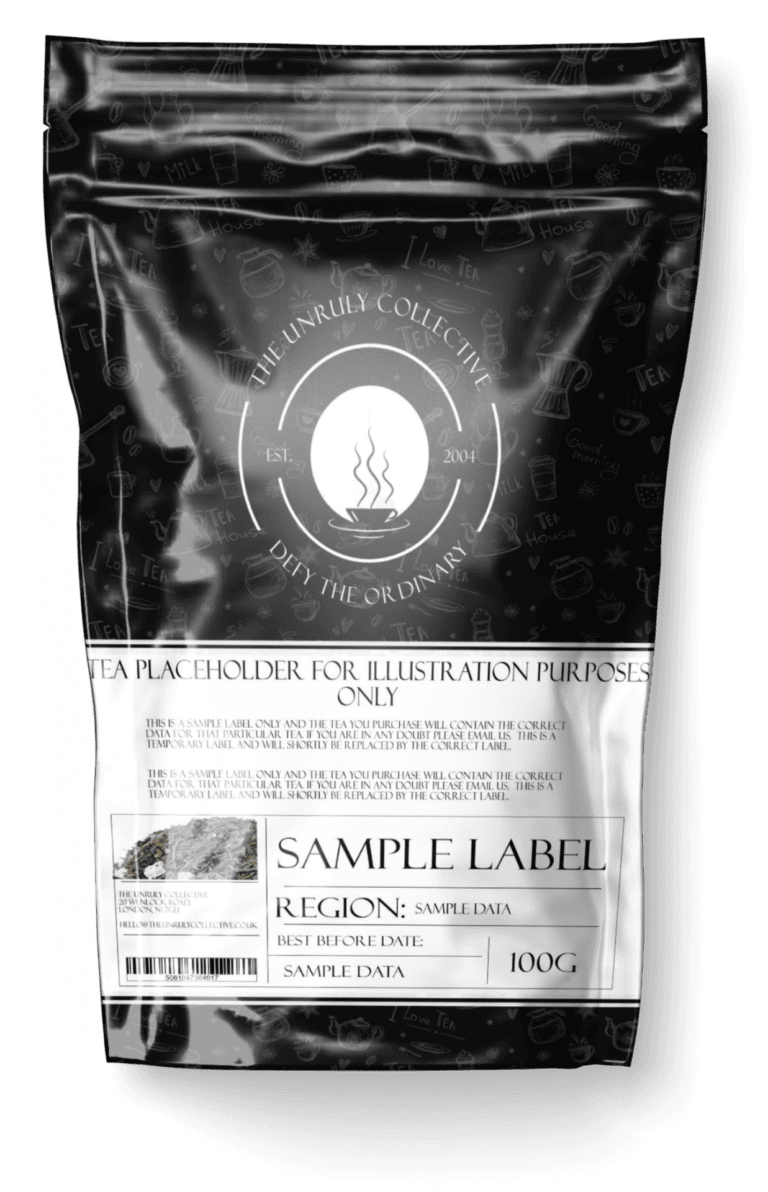 Explore our Almond Cherry Rooibos Tea packaging with decorative icons and sections for region, best before date, and weight (100g). Enjoy a unique twist with a hint of cherry flavor.