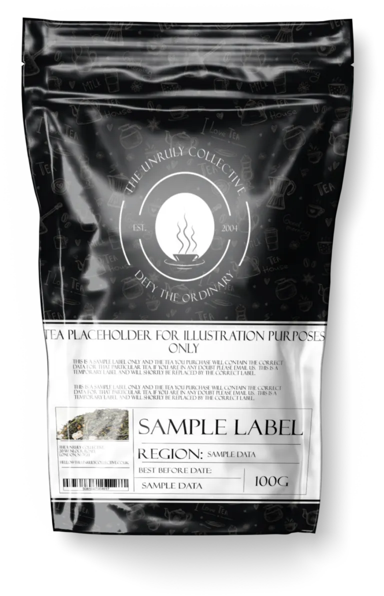 Explore our Almond Cherry Rooibos Tea packaging with decorative icons and sections for region, best before date, and weight (100g). Enjoy a unique twist with a hint of cherry flavor.