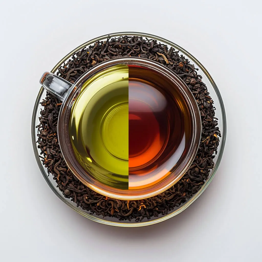 A clear glass cup is filled halfway with green tea and halfway with black tea, placed on a saucer surrounded by loose tea leaves.