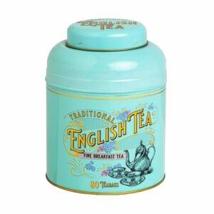 The Vintage Victorian teal tin, labeled "Traditional English Breakfast Tea" and adorned with teapot and teacup illustrations, holds 80 high-quality teabags.
