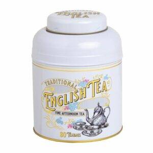 The Vintage Victorian tin, labeled "English Afternoon," features a vintage Victorian teapot illustration and contains 80 teabags, perfect for a delightful English afternoon ritual.