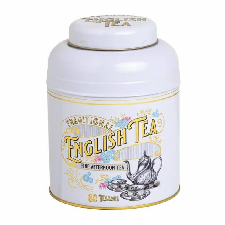 The Vintage Victorian tin, labeled "English Afternoon," features a vintage Victorian teapot illustration and contains 80 teabags, perfect for a delightful English afternoon ritual.