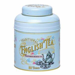 The Vintage Victorian Powder Blue tin, labeled "Traditional English Tea," features a teapot and floral design and contains 80 decaf English Breakfast tea bags.