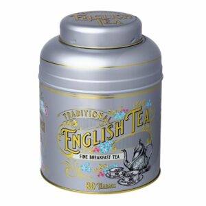 The Vintage Victorian Silver Tin of Fine Breakfast Tea features a charming floral design and contains 80 English Breakfast teabags.