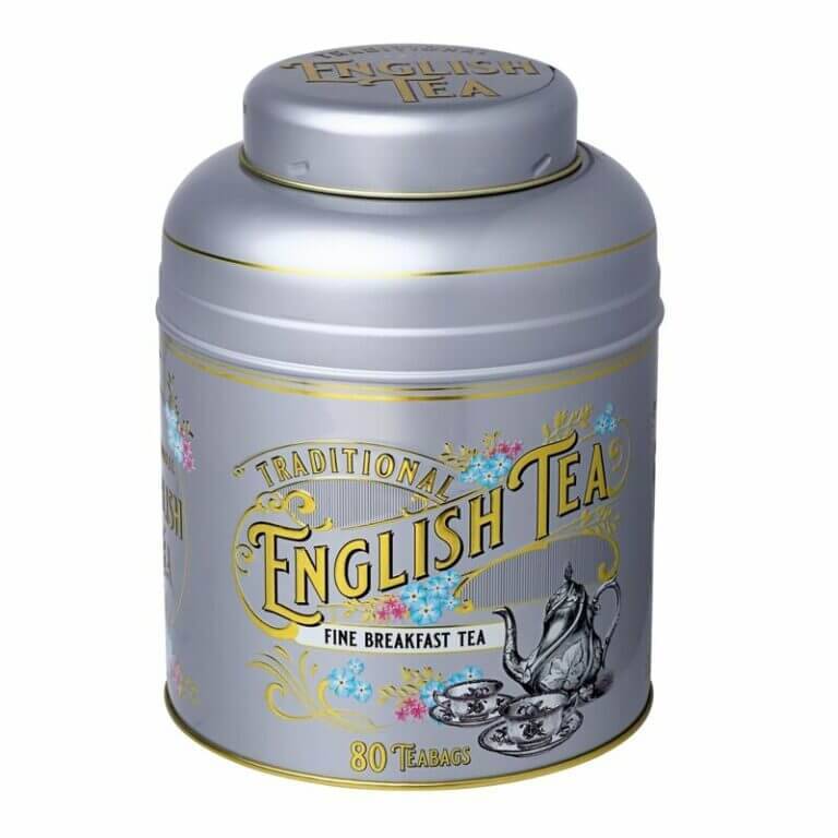 The Vintage Victorian Silver Tin of Fine Breakfast Tea features a charming floral design and contains 80 English Breakfast teabags.