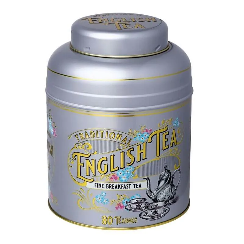The Vintage Victorian Silver Tin of Fine Breakfast Tea features a charming floral design and contains 80 English Breakfast teabags.
