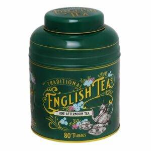 The Vintage Victorian green tin includes 80 teabags, labeled "English Afternoon," and is adorned with floral and tea set illustrations, ideal for a classic English tea experience.