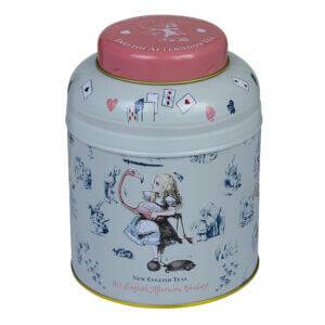 The Alice In Wonderland - Traditional (Pink) 80 Teabag Tin of English Breakfast Tea is adorned with whimsical Wonderland and playing card designs, featuring a pink lid and white body, perfect for enjoying the fantasy of Wonderland with every sip.