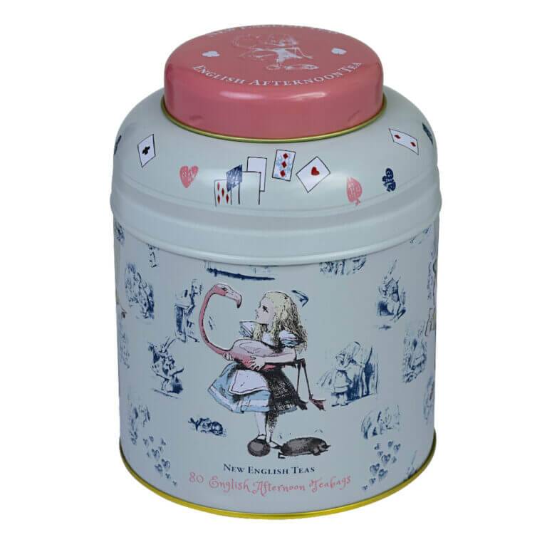 The Alice In Wonderland - Traditional (Pink) 80 Teabag Tin of English Breakfast Tea is adorned with whimsical Wonderland and playing card designs, featuring a pink lid and white body, perfect for enjoying the fantasy of Wonderland with every sip.