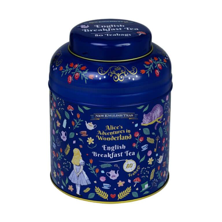 Alice In Wonderland-themed English Breakfast Tea comes in a whimsical blue tin titled "Alice In Wonderland - Modern (Blue) - 80 Teabag Tin.