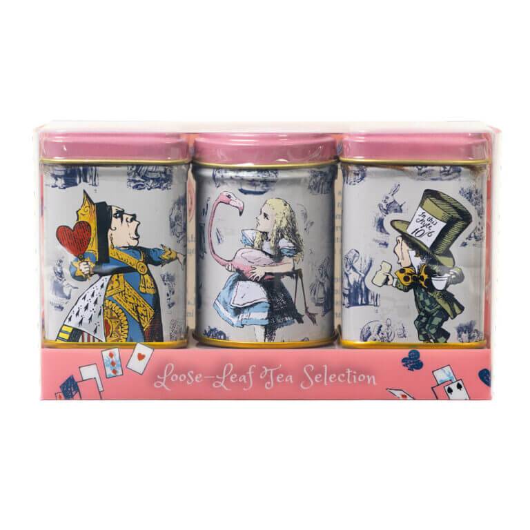 Explore Alice in Wonderland’s charm with this Triple Mini Tin Gift Pack. Each tin highlights enchanting illustrations of the Queen of Hearts, Alice with a flamingo, and the Mad Hatter, ideal for your Loose-Leaf Tea Selection.
