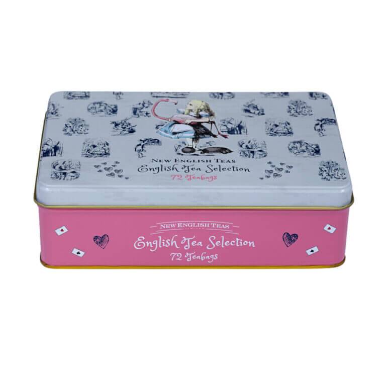 The whimsical "Alice In Wonderland - Traditional (Pink) - 72 Teabag Tin" features enchanting illustrations and "New English Teas" branding on the lid, elegantly holding 72 teabags for tea lovers.