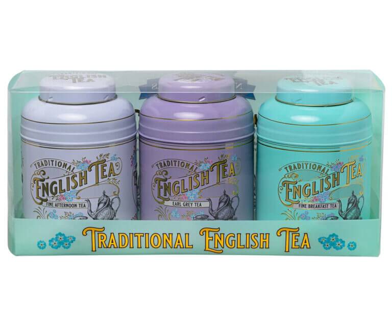 The Vintage Victorian - 80 Teabag Tin Triple Pack (MD03/MD04/MD05) includes charming tins of Afternoon Tea, Earl Grey Tea, and English Breakfast Tea. Each tin features classic Victorian floral and bird designs and is elegantly encased in clear packaging.